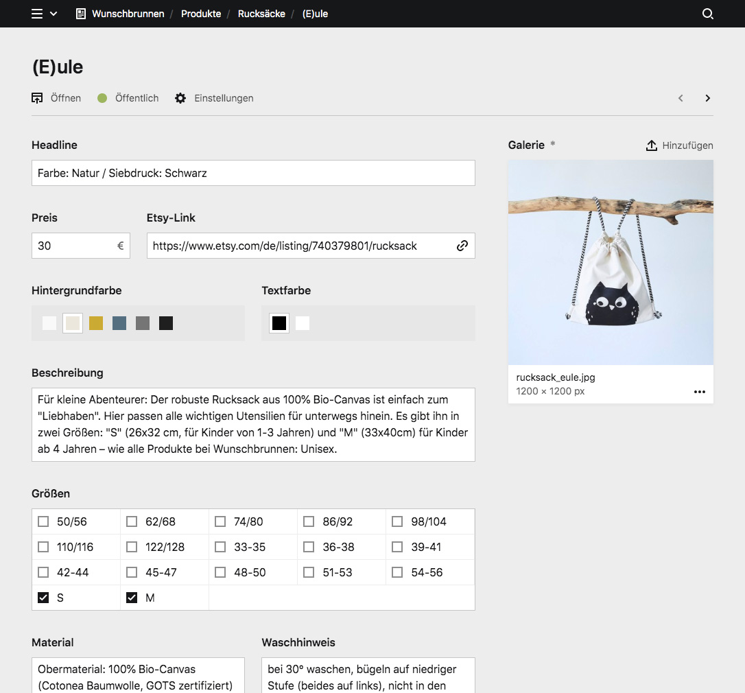 Backend screenshot of wunschbrunnen.org