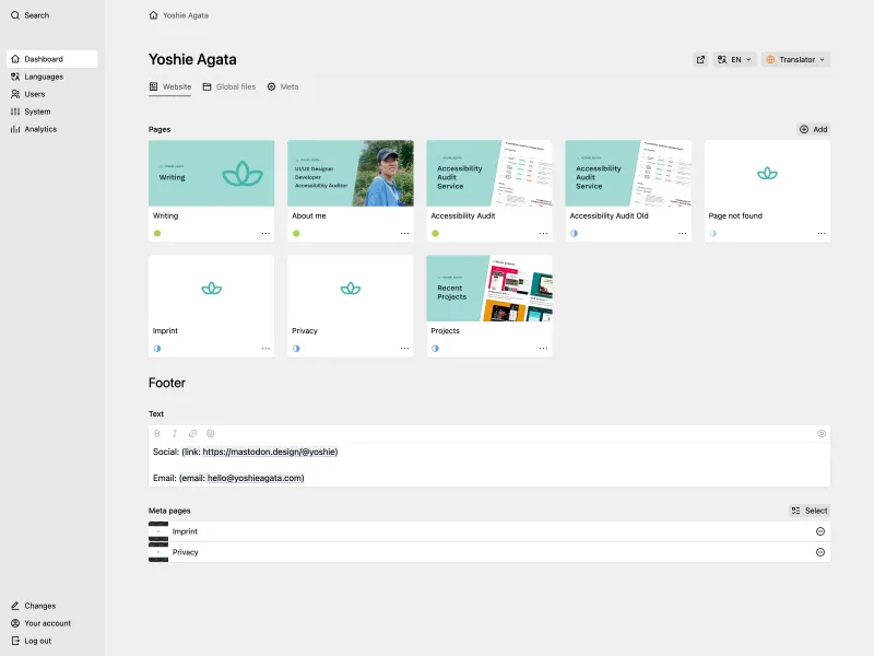 Backend screenshot of yoshieagata.com