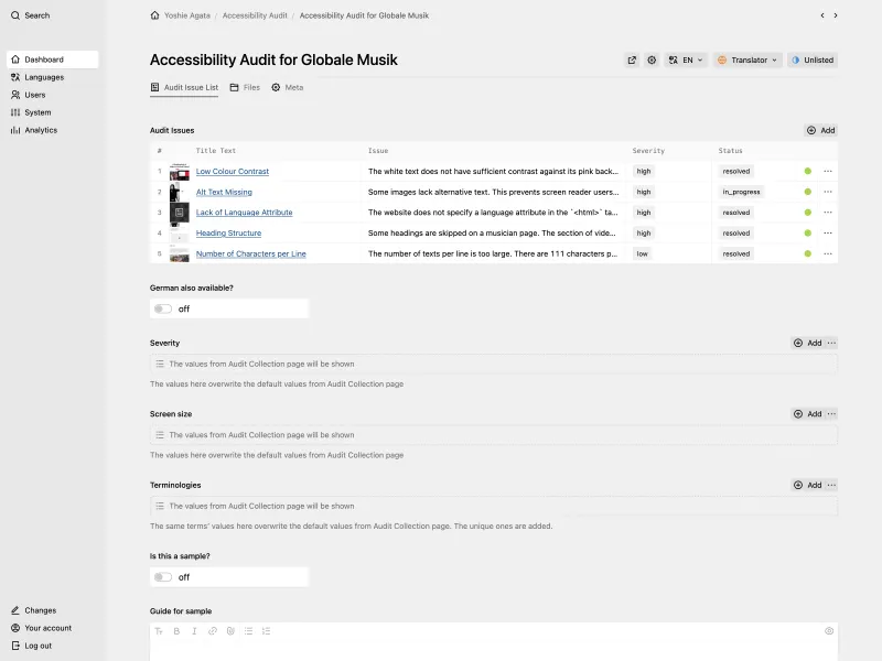 Backend screenshot of yoshieagata.com