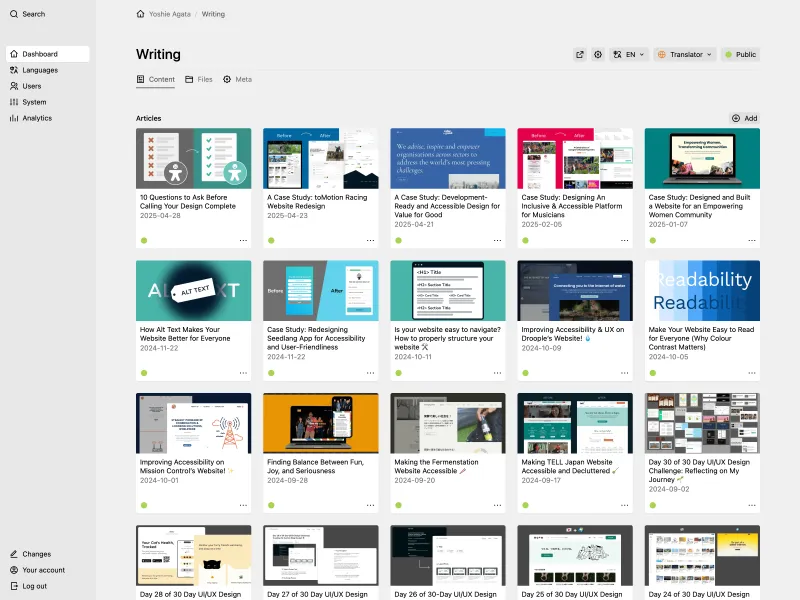 Backend screenshot of yoshieagata.com