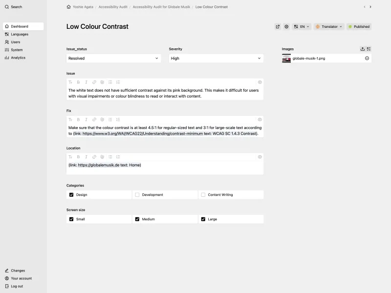 Backend screenshot of yoshieagata.com
