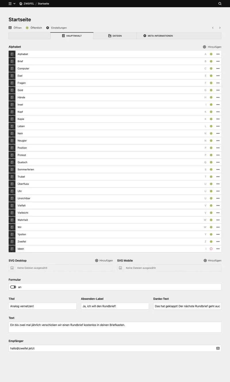 Backend screenshot of zweifel.jetzt