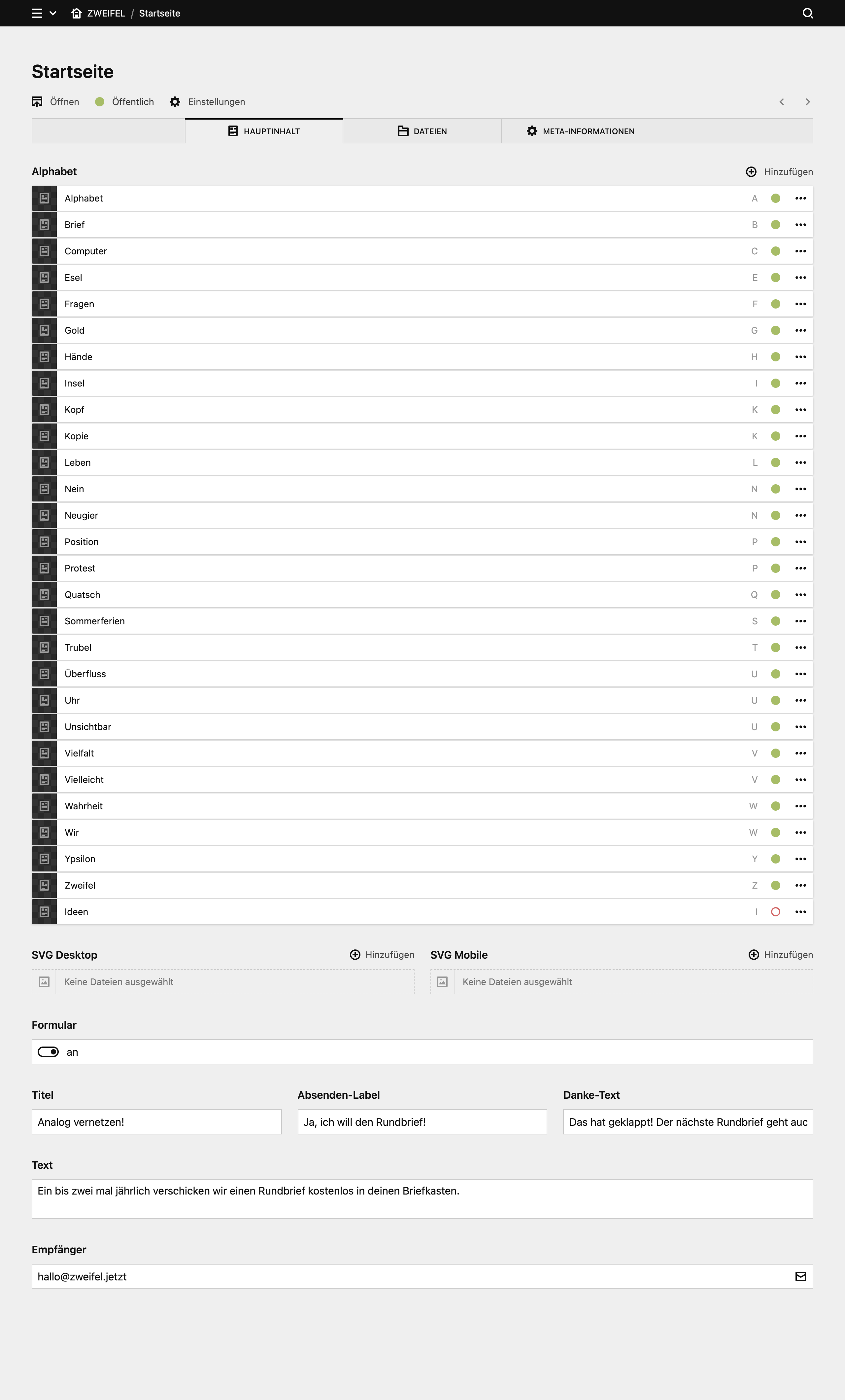 Backend screenshot of zweifel.jetzt