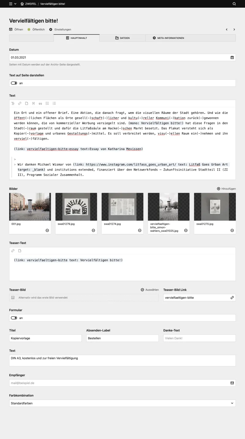 Backend screenshot of zweifel.jetzt