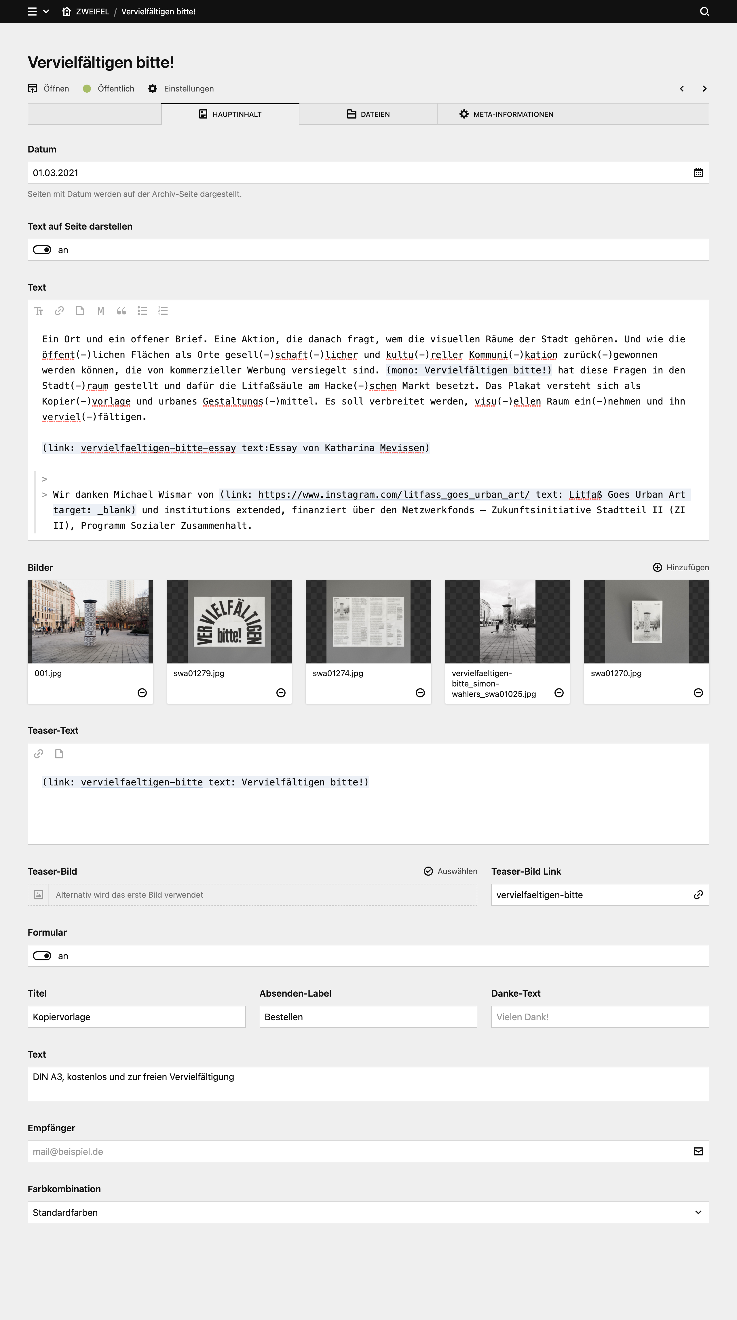 Backend screenshot of zweifel.jetzt