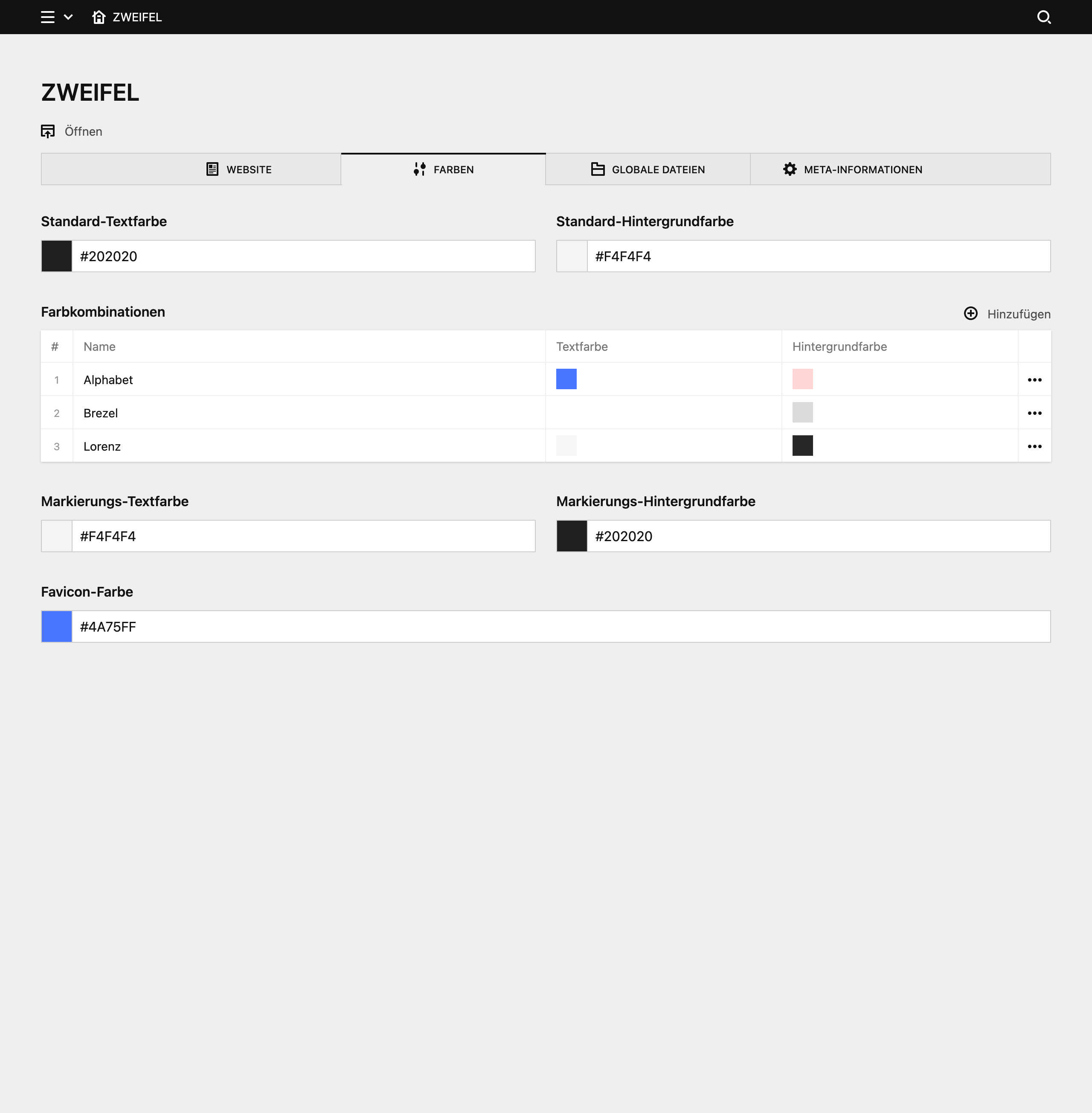 Backend screenshot of zweifel.jetzt