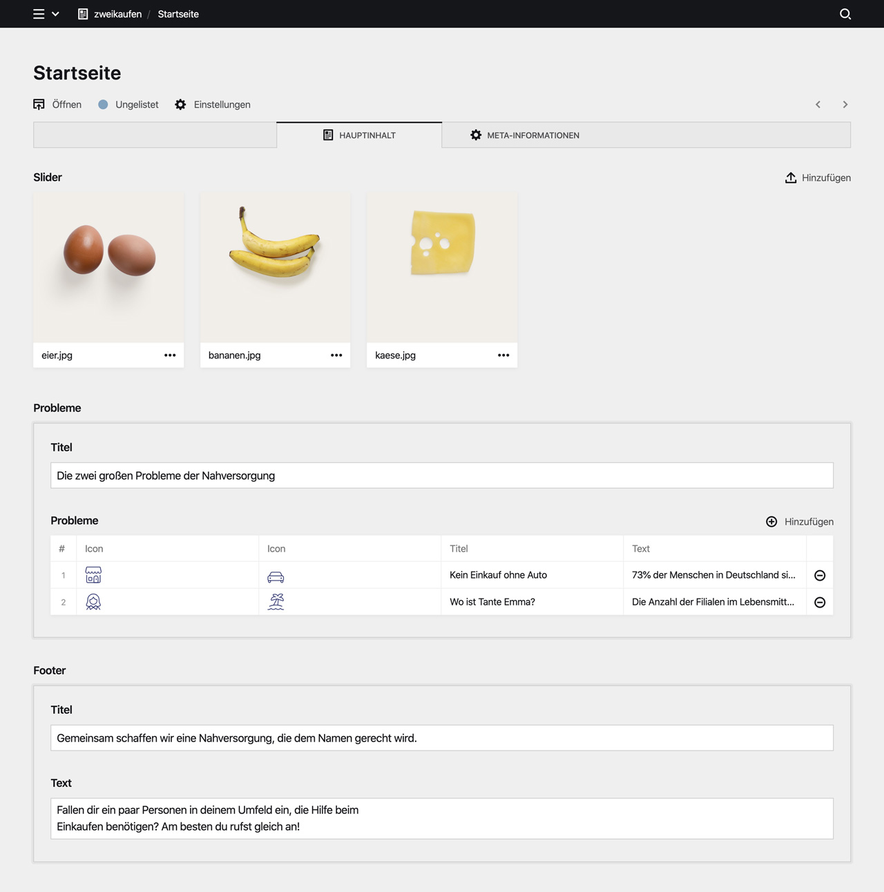 Backend screenshot of zwei.kaufen